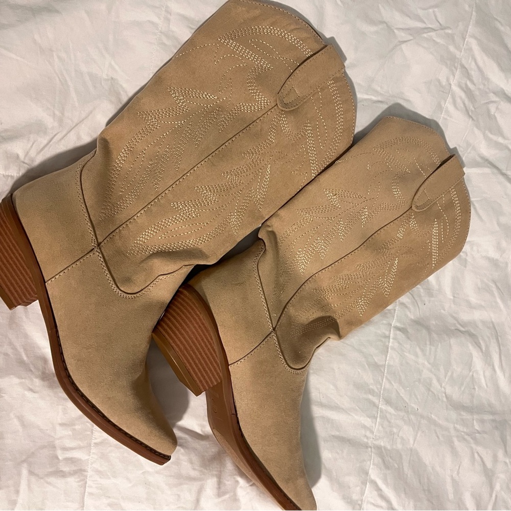 Madden Girl Tan Heeled Boots with Pointed Toe